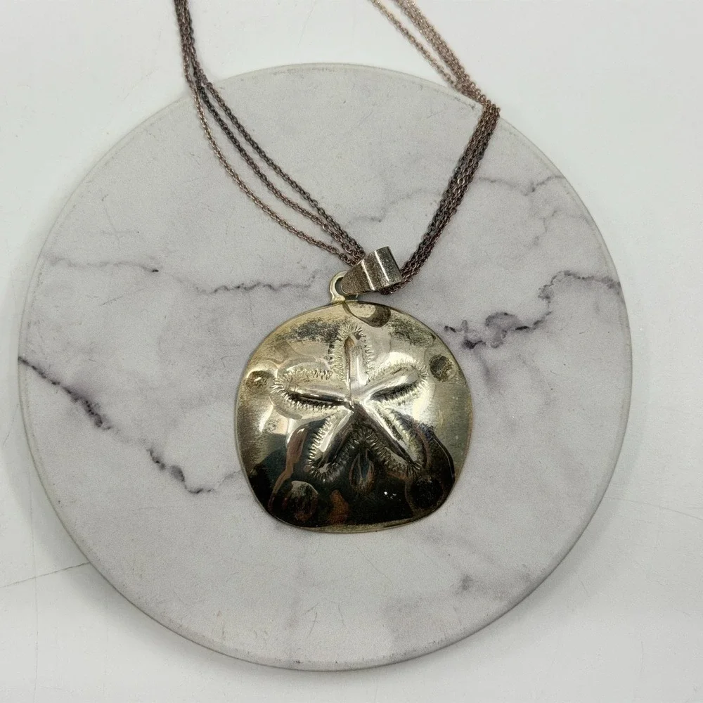 Necklace Sand Dollar Pendant Vintage Gold Tone Chain Organza Ribbon Cord Set